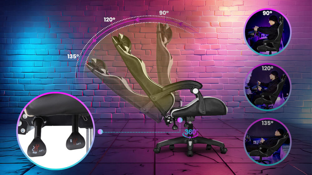 Fotel EXTRALINK G-525 Różowo-biały prezentacja fotela od boku ciemne tło z różową i niebieską poświatą obok zbliżenia na poduszki przy oparciu wizualizacja cyfrowego kręgosłupa kubełkowe siedzisko komfort przy długim użytkowaniu regulowane podłokietniki odciążenie ramion i barków poduszki pod głowę odcinek lędźwiowy wsparcie prawidłowej postawy