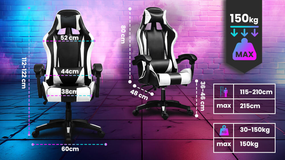 Fotel EXTRALINK G-525 Różowo-biały prezentacja możliwego zakresu pochylenia oparcia zbliżenie na mechanizm w tle ceglana ściana podświetlona w różowy i niebieski kolor regulacja wysokości siedzenia zakres odchylenie oparcia zakres dopasowanie pozycji do indywidualnych preferencji blokada odchylenia