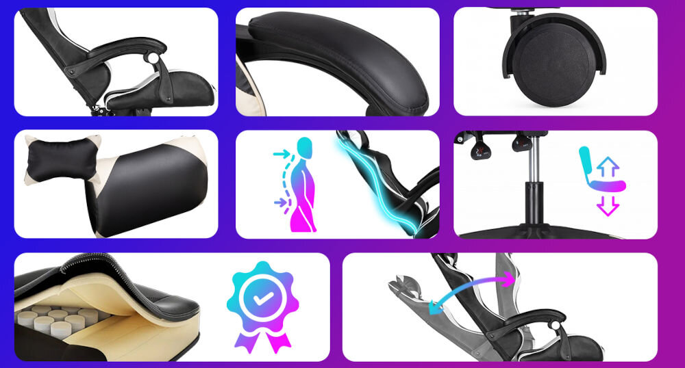 Fotel EXTRALINK G-525 Różowo-biały prezentacja fotela podczas użytkowania chłopak siedzący na fotelu w słuchawkach w pokoju gamingowym obok zbliżenia na elementy fotela różowo-niebieska poświata trwałe kółka płynne ciche przesuwanie fotela ograniczenie ryzyka zarysowań