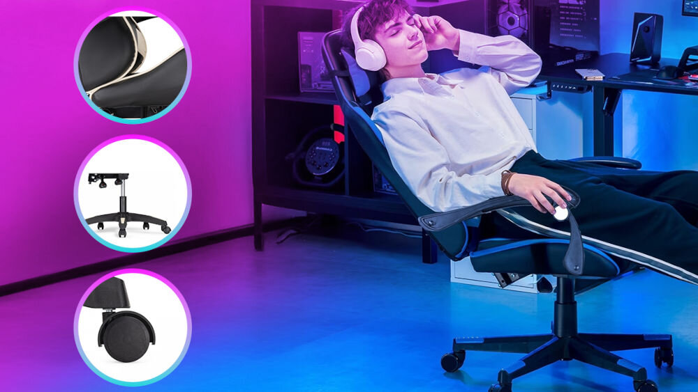 Fotel EXTRALINK G-524 Czarny prezentacja funkcjonalności i elementów fotela na białych kafelkach na fioletowo-różowym tle funkcjonalność ergonomia zaprojektowany z myślą o wygodzie solidna konstrukcja wysoka jakość materiałów