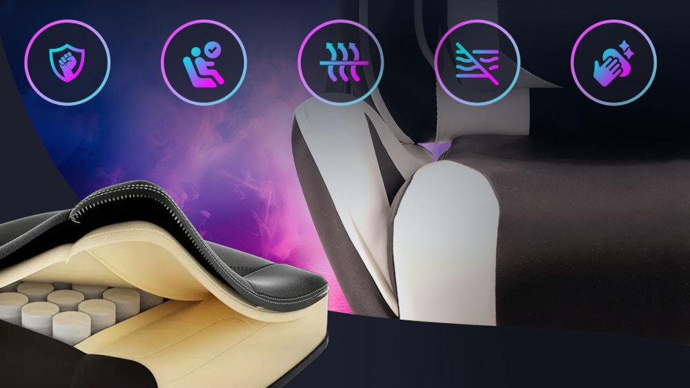 Fotel EXTRALINK G-522 Czarno-czerwony zbliżenie na siedzisko pokazanie warstw wewnątrz siedzenia kolorowe tło ikony funkcjonalności wysoka jakość wykonania ergonomiczna konstrukcja pianka odporna na odkształcenia miękkie oparcie z materiału RAMPAGE metalowa podstawa stabilność