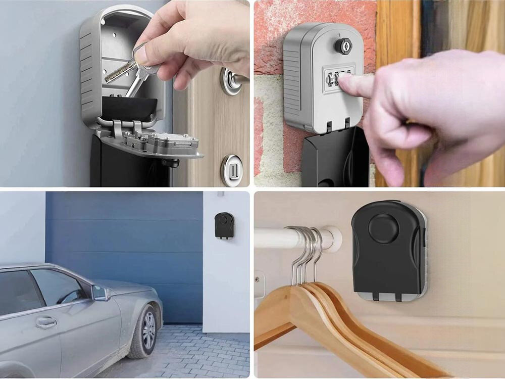 Kasetka na klucze EXTRALINK Home S-410, solidna, skrytka, klucze, schowek, 4 zdjęcia przedstawiają zastosowanie kasetki w życiu codziennym