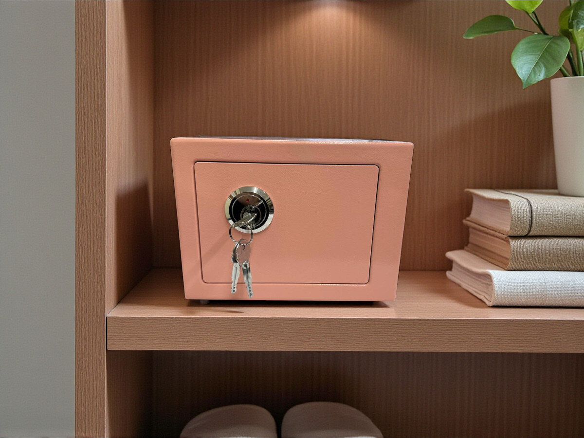 Sejf domowy EXTRALINK Home S-404 Różowy, sejf, ochrona, bezpieczeństwo, przechowywanie, Różowa kasetka z kluczami na półce obok książek i roślin.