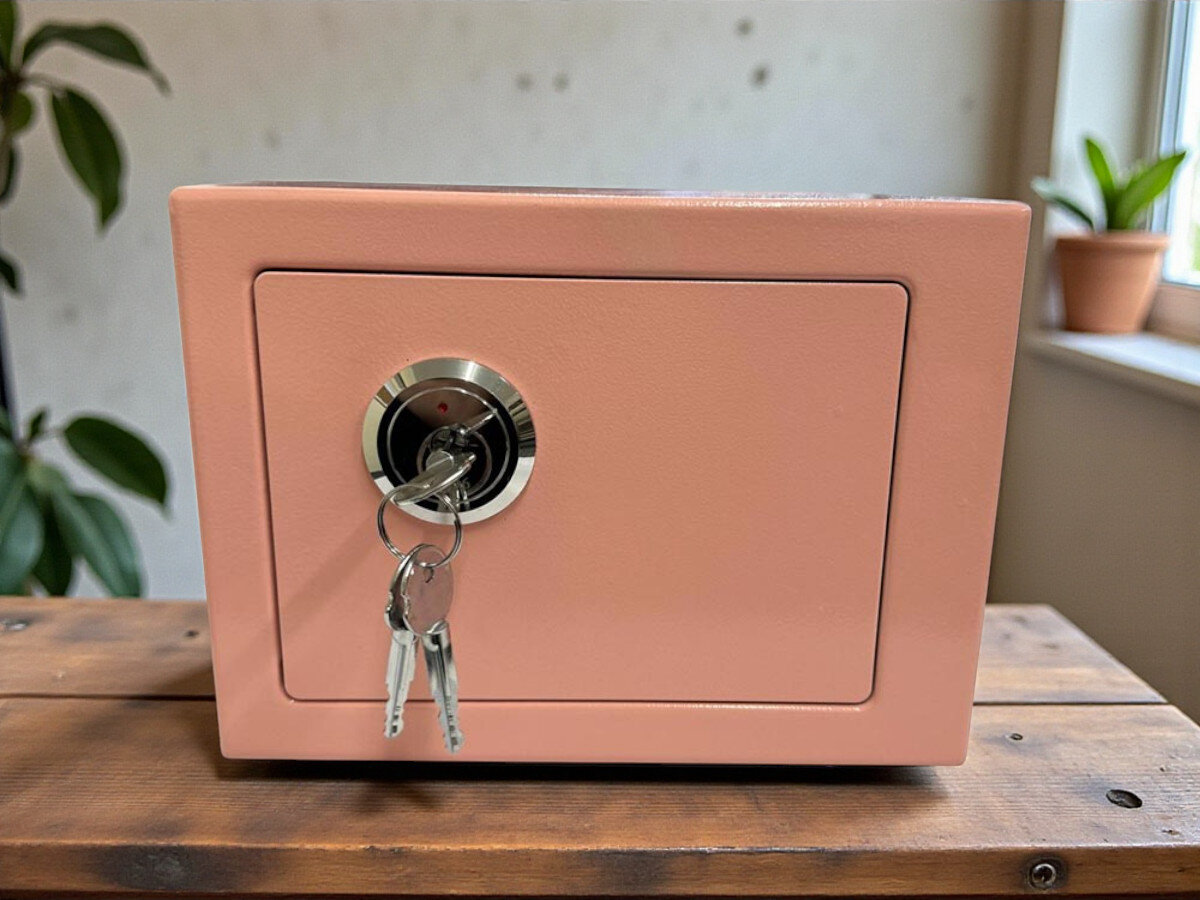 Sejf domowy EXTRALINK Home S-404 Różowy, kołki, montaż, ściana, stabilność, Różowa kasetka na klucze z dwoma kluczami na drewnianym stole.