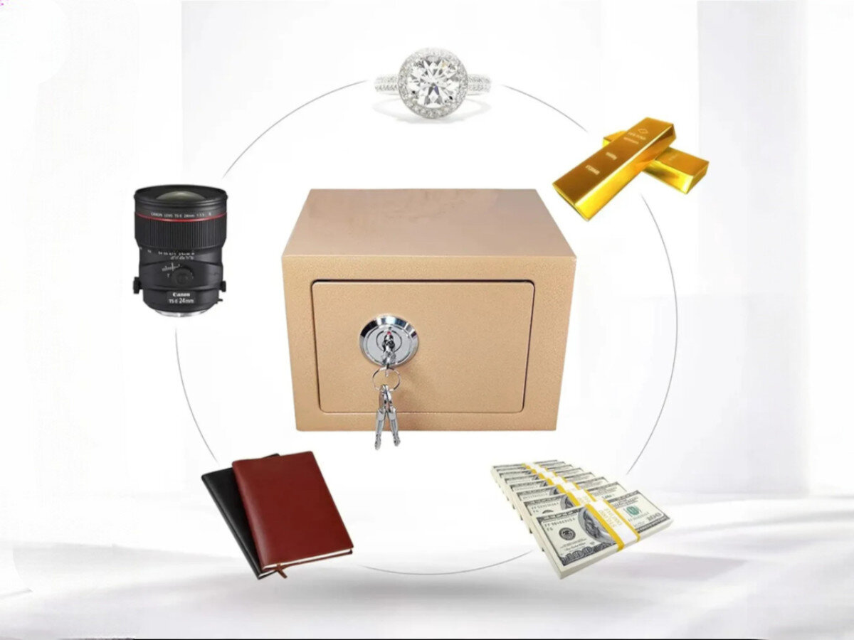 Sejf domowy EXTRALINK Home S-404 Złoty, kołki, montaż, ściana, stabilność, Otwarty złoty sejf z kosztownościami i dokumentami.