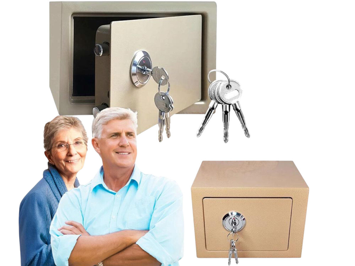 Sejf domowy EXTRALINK Home S-404 Złoty, klucze, mechanizm, gwarancja, instrukcja, Kolaż złotego sejfu otwartego z parą i kluczami.