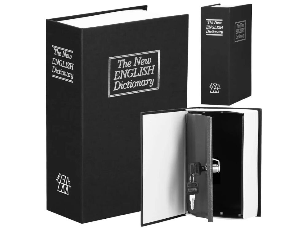 Kasetka na pieniądze EXTRALINK Home S-405, książka, schowek, stal, dokumenty, na białym tle kasetka w 3 opcjach, zamknięta, otwarta, stojąca pionowo