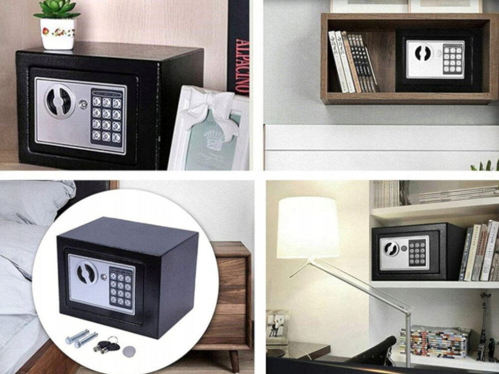 Sejf domowy EXTRALINK Home S-406, bezpieczeństwo, oszczędności, dokumenty, spokój, 4 zdjęcia pokazujące sejf w różnych miejscach w domu