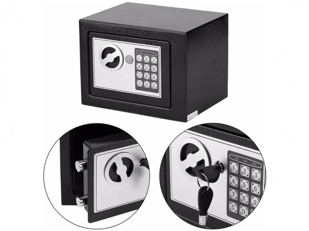 Sejf domowy EXTRALINK Home S-406, gotówka, dokumenty, biżuteria, ochrona, na białym tle sejf oraz zbliżenie na rygle oraz drzwiczki