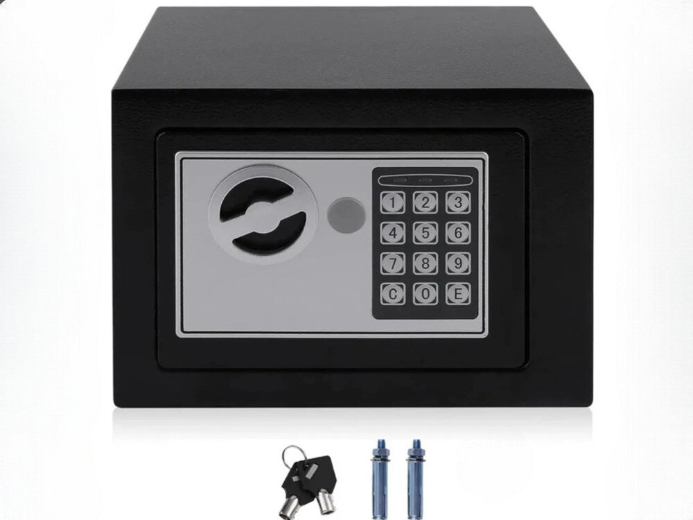 Sejf domowy EXTRALINK Home S-406, szyfr, klawiatura, klucz, wygoda, na białym tle sejf frontme na wprost wraz z kluczami i kołkami