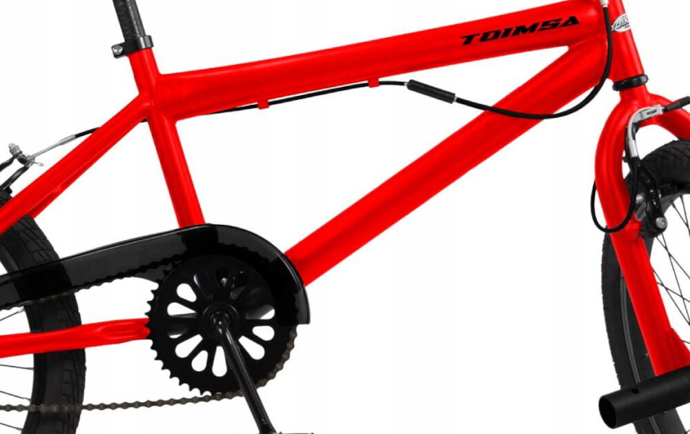 Rower dziecięcy TOIMSA BMX 20 cali dla chłopca Czerwony zbliżenie na ramę komfort jazdy odpowiednia kontrola nad rowerem stalowa 12-calowa rama bardzo wytrzymała łatwa w naprawie wybór rozmiaru ramy Twój wzrost mierzony w zrelaksowanej pozycji typ roweru