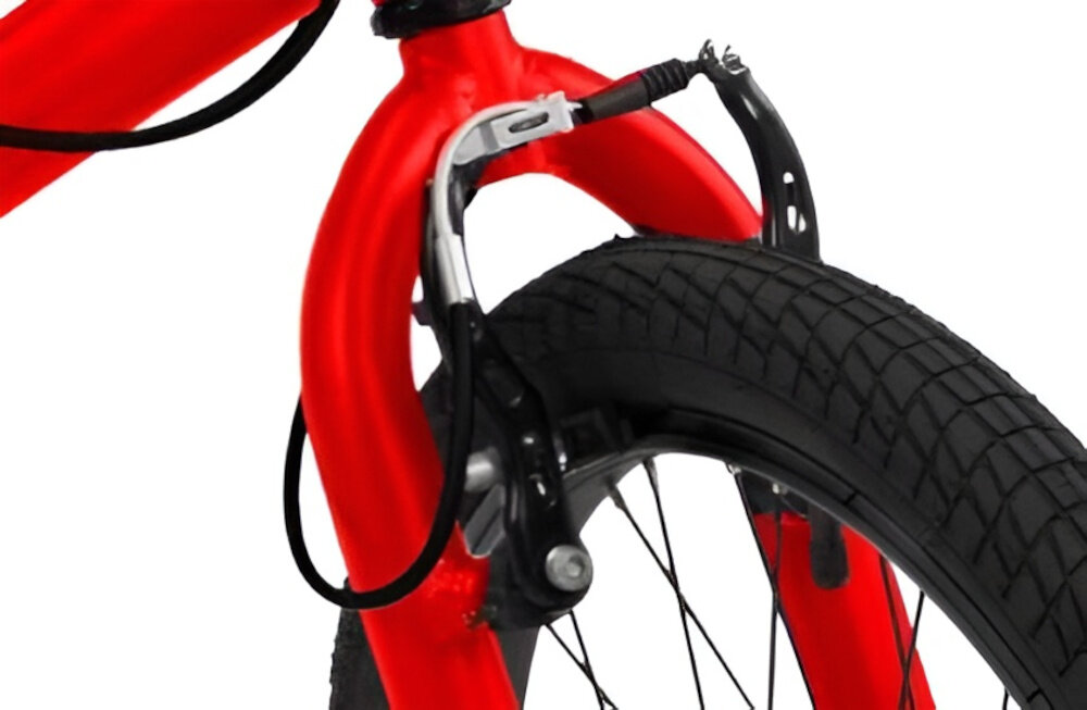 Rower dziecięcy TOIMSA BMX 20 cali dla chłopca Czerwony zbliżenie na przedni hamulec bezpieczeństwo hamulce typu V-Brake lekkie duża siła hamowania hamulce z przodu i z tyłu podwójny pakiet bezpieczeństwa