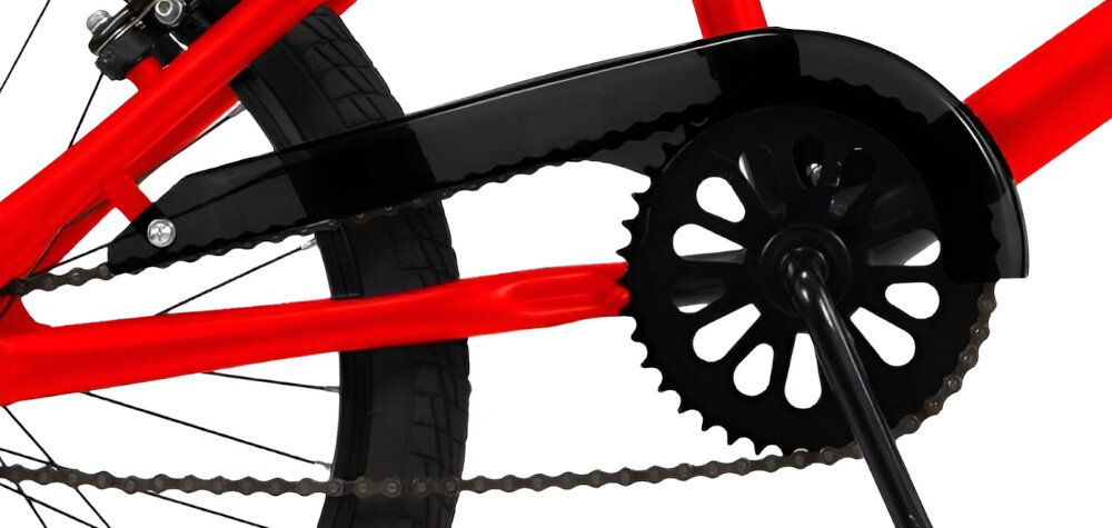 Rower dziecięcy TOIMSA BMX 20 cali dla chłopca Czerwony zbliżenie na osłonę łańcucha osłona łańcucha odblaski bezpieczeństwo ochrona przed przypadkowym zahaczeniem nogi lub ubrania o łańcuch odblaski poprawiają widoczność w słabym świetle