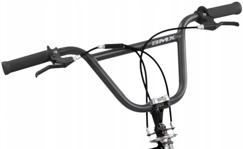 Rower dziecięcy TOIMSA BMX 20 cali dla chłopca Czarny zbliżenie na kierownicę waga około 17 kg obracany rotor w zakresie 360° pokazy w powietrzu i na asfalcie specjalny antypoślizgowy materiał pewny chwyt