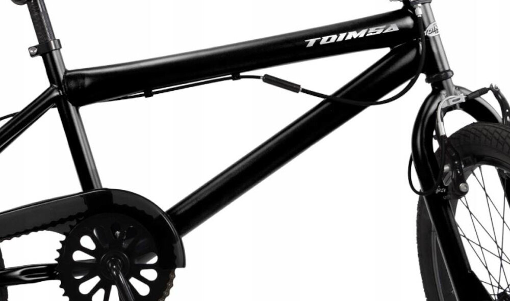 Rower dziecięcy TOIMSA BMX 20 cali dla chłopca Czarny zbliżenie na ramę komfort jazdy odpowiednia kontrola nad rowerem stalowa 12-calowa rama bardzo wytrzymała łatwa w naprawie wybór rozmiaru ramy Twój wzrost mierzony w zrelaksowanej pozycji typ roweru