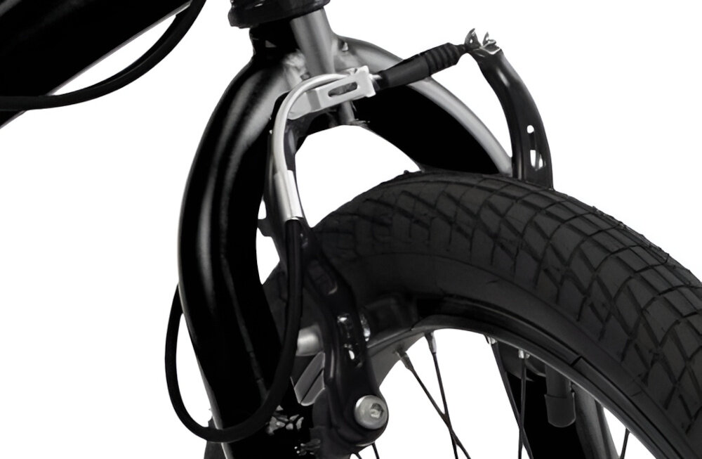 Rower dziecięcy TOIMSA BMX 20 cali dla chłopca Czarny zbliżenie na przedni hamulec bezpieczeństwo hamulce typu V-Brake lekkie duża siła hamowania hamulce z przodu i z tyłu podwójny pakiet bezpieczeństwa