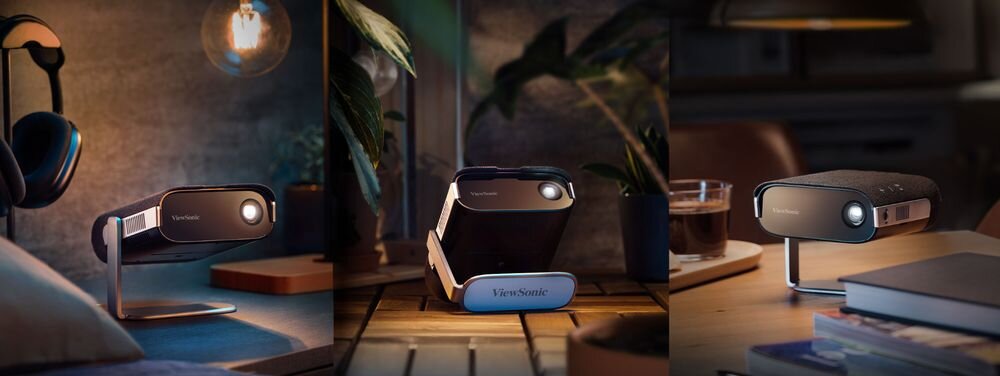 VIEWSONIC M1X WVGA projektor przenośny do rozrywki na dużym ekranie, projektor stojący na stole w pomieszczeniu
