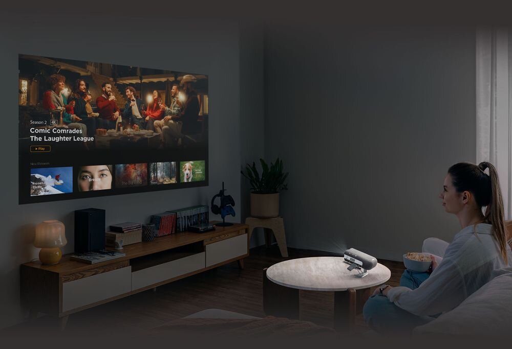 VIEWSONIC M1X WVGA projektor Chromecast Apple TV Fire TV Roku USB-A ładowanie urządzeń streamingowych, projektor wyświetlający obraz na ścianie w pomieszczeniu