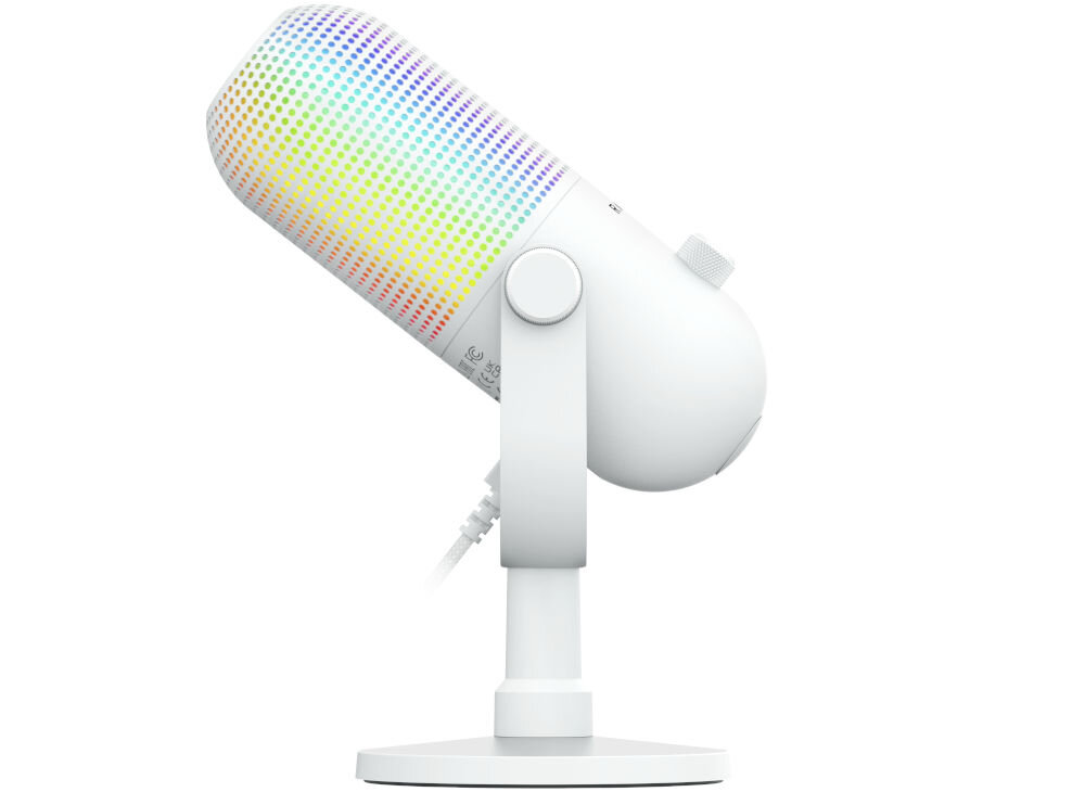 Mikrofon RAZER Seiren V3 Chroma Superkardioidalny Biały prezentacja mikrofonu przechylonego na stojaku na białym tle kompatybilny z Discord XSplit OBS Studio przewodowe połączenie plug and play wygoda