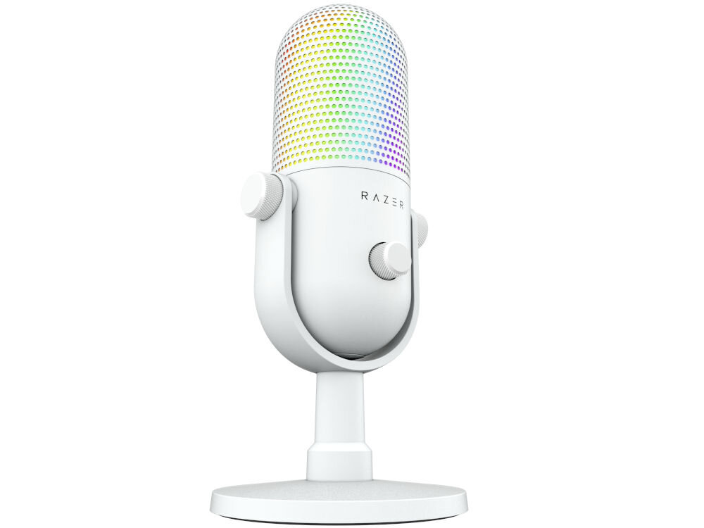 Mikrofon RAZER Seiren V3 Chroma Superkardioidalny Biały prezentacja mikrofonu od przodu pod kątem na białym tle personalizacja studyjna częstotliwość próbkowania zmiana podświetlenia wybór odrębnych głośności aplikacja Razer Synapse