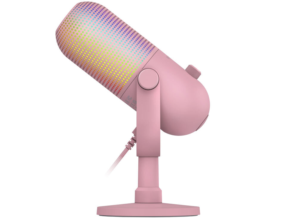Mikrofon RAZER Seiren V3 Chroma Superkardioidalny Różowy prezentacja mikrofonu przechylonego na stojaku na białym tle kompatybilny z Discord XSplit OBS Studio przewodowe połączenie plug and play wygoda