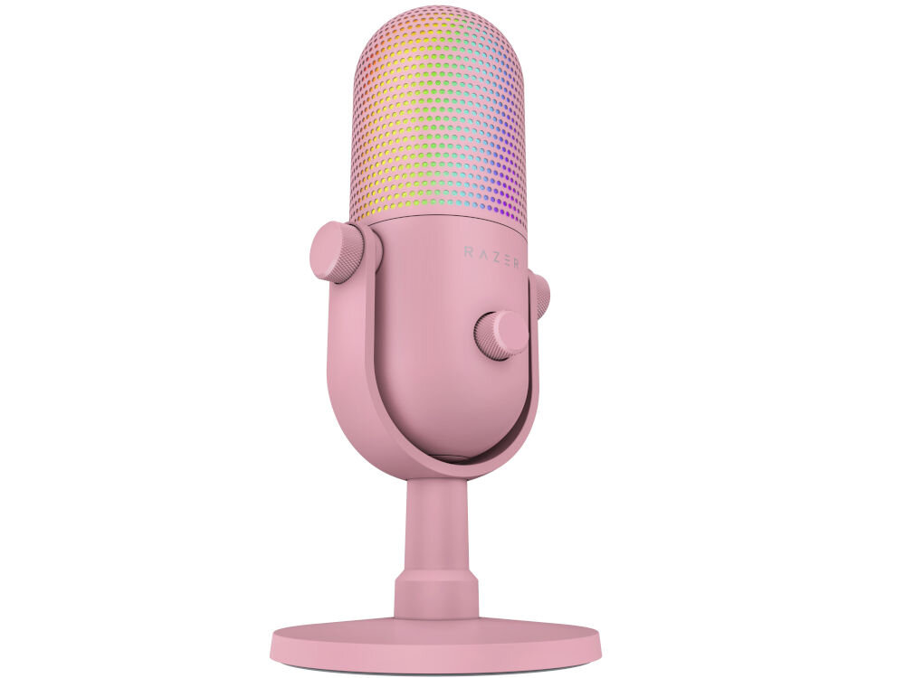 Mikrofon RAZER Seiren V3 Chroma Superkardioidalny Różowy prezentacja mikrofonu od przodu pod kątem na białym tle personalizacja studyjna częstotliwość próbkowania zmiana podświetlenia wybór odrębnych głośności aplikacja Razer Synapse