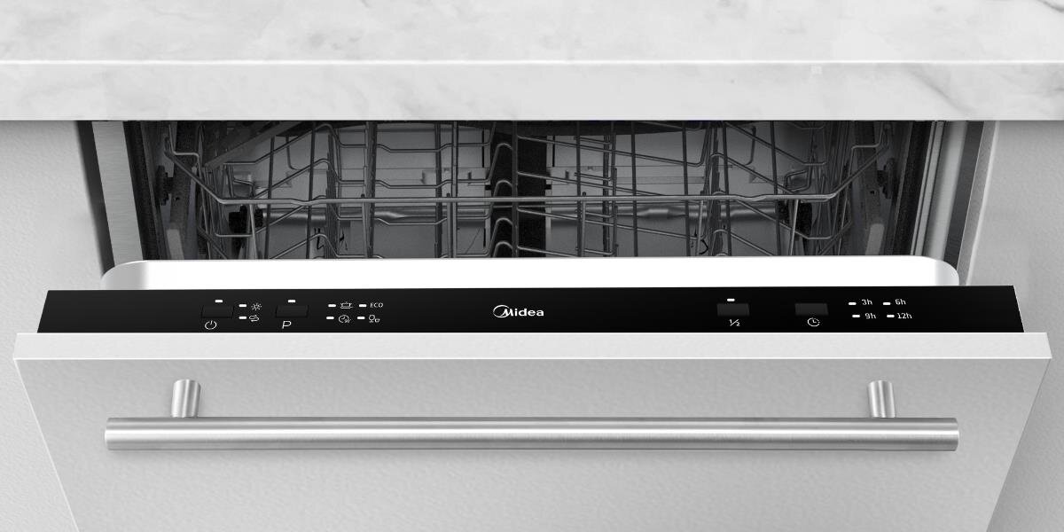 ZMYWARKA MIDEA MID60S120 wizualizacja front uchylone drzwiczki panel sterowania programy wnętrze puste bez załadunku Intensywny Eco 90 minut szybki opóźnienie startu godzina 3 6 9 12 planowanie oszczędna sterowanie Elektroniczne panel przyciski