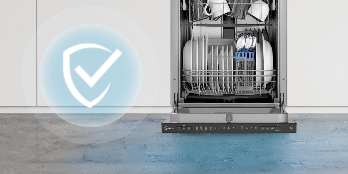 ZMYWARKA MIDEA MDWEB1004LB-WG wizualizacja ikona zmywarka front otwarta w zabudowie kuchennej szafki meble kuchnia Wygoda i bezpieczeństwo opóźniony start połowa załadunku regulacja koszy AquaStop bez wycieku zalania domu