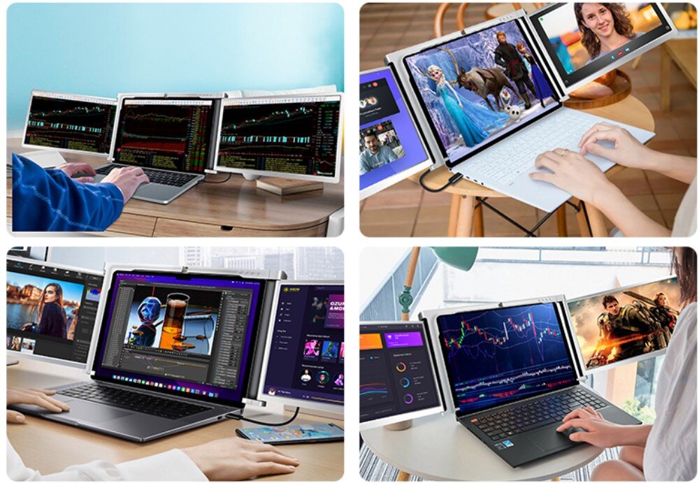 Monitor EXTRALINK Smart Life S300 Cztery różne ujęcia laptopów z dodatkowymi ekranami, na których widoczne są wykresy giełdowe, wideokonferencja, grafika komputerowa i gra komputerowa, zastosowanie, przekątna, cechy