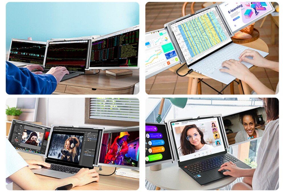 Monitor EXTRALINK Smart Life S400 Cztery różne sceny z laptopami podłączonymi do dwóch dodatkowych ekranów, na których widoczne są wykresy giełdowe, arkusze kalkulacyjne, program graficzny i wideokonferencja, przeznaczenie, ekrany, przekątne