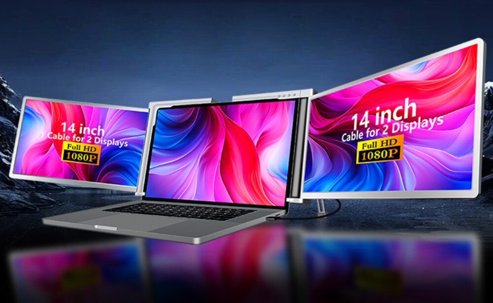 Monitor EXTRALINK Smart Life S400 Laptop z dwoma dodatkowymi ekranami o przekątnej 14 cali wyświetlającymi kolorową grafikę i oznaczenie Full HD 1080p, rozdzielczość, przekątne, proporcje