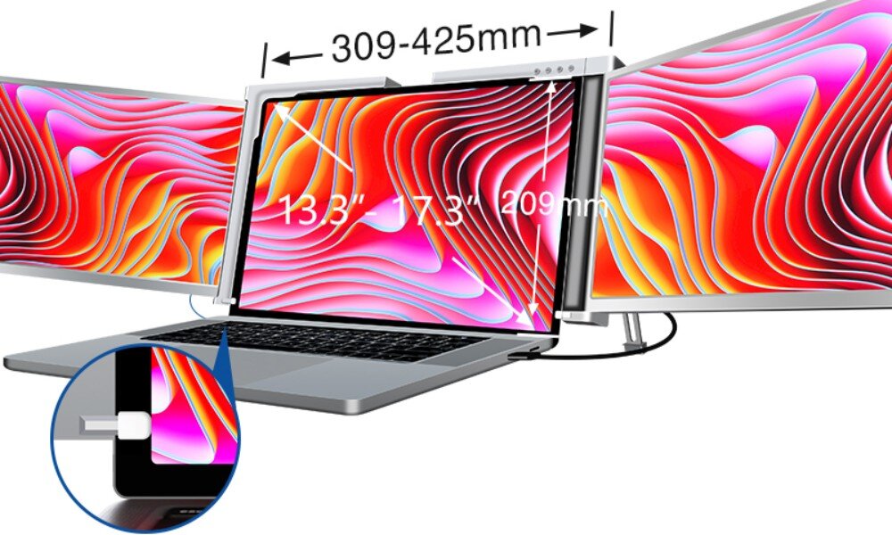 Monitor EXTRALINK Smart Life S400 Schemat laptopa z zamontowanymi dwoma dodatkowymi ekranami, pokazujący zakres rozmiarów od 13,3 do 17,3 cala i szerokość 309–425 mm, pytania