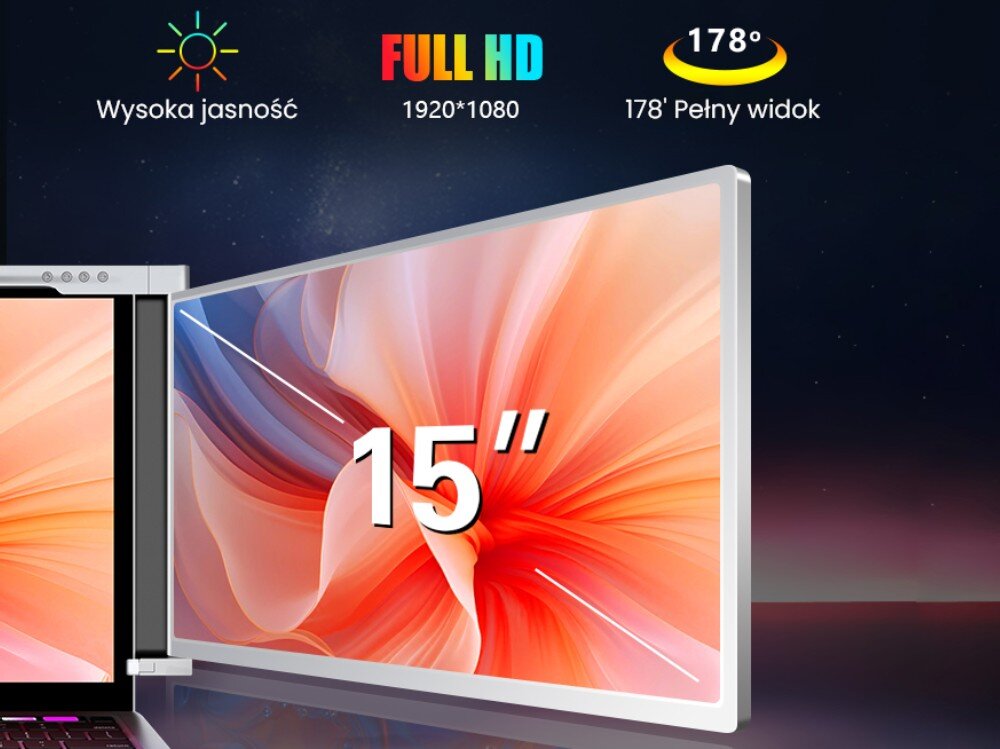 Monitor EXTRALINK Smart Life S600 Zbliżenie na ekran o przekątnej 15 cali z kolorową grafiką, z oznaczeniem rozdzielczości Full HD 1920x1080 i kątem widzenia 178 stopni, rozdzielczość, proporcje, przekątna