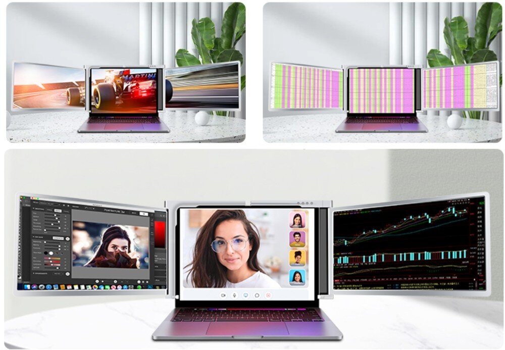 Monitor EXTRALINK Smart Life S600 Trzy sceny przedstawiające laptopy z dodatkowymi ekranami wyświetlającymi wyścigi samochodowe, arkusze kalkulacyjne, program graficzny, wideokonferencję i wykresy, pytania