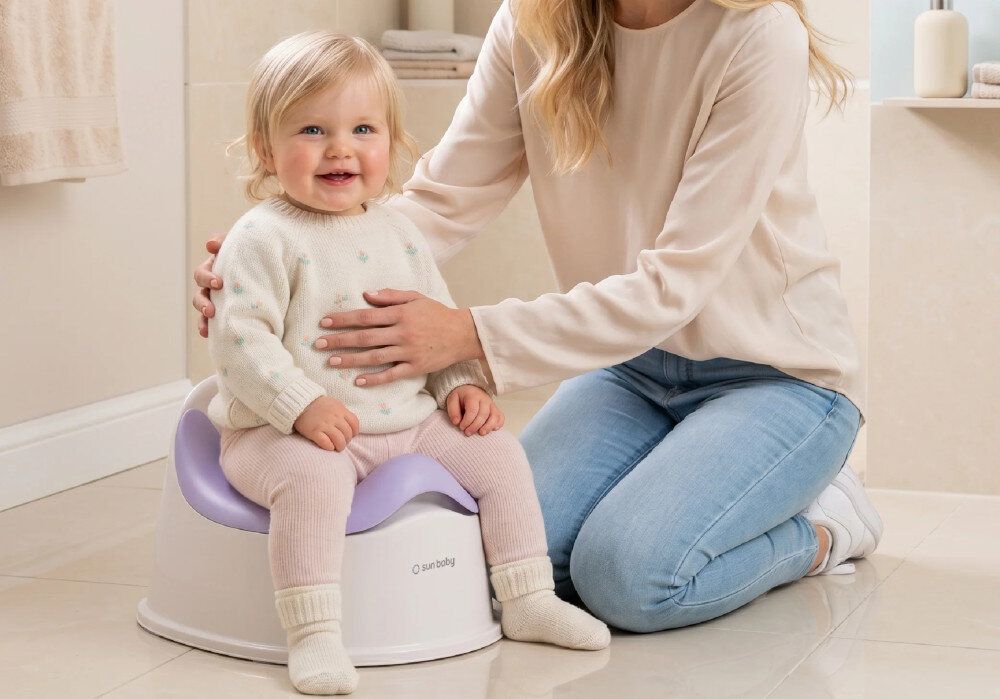 Dziecko siedzi na biało-fioletowym nocniku, obok klęczy osoba dorosła. Na nocniku widoczne jest logo \'sun baby\'.