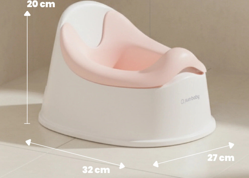Na obrazie widoczny jest biało-różowy nocnik z logo \'sun baby\'. Obok nocnika znajdują się wymiary: 20 cm wysokości, 32 cm długości i 27 cm szerokości.