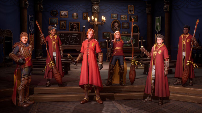 Harry Potter Mistrzowie Quidditcha magiczny świat Quidditcha skórki mioteł, wyjazdowe mundurki szkolne herby Slytherinu, Hufflepuffu, Gryffindoru i Ravenclawu