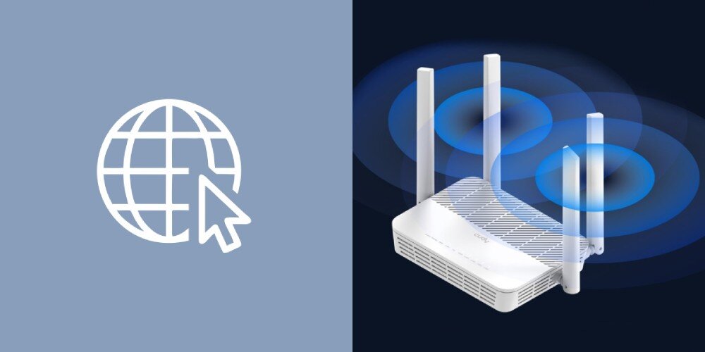 Router CUDY WR3000S Po lewej stronie ikona globu z kursorem, po prawej biały router z czterema antenami, wokół którego przedstawiono graficzne fale sygnału, technologia Mesh, zasięg