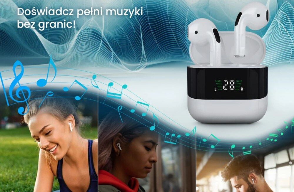 Słuchawki douszne EXTRALINK Lifestyle Evosound V1.0 główna prezentacja, trzy kadry: osoby z założonymi słuchawkami, słuchawki od frontu na biało niebieskim tle