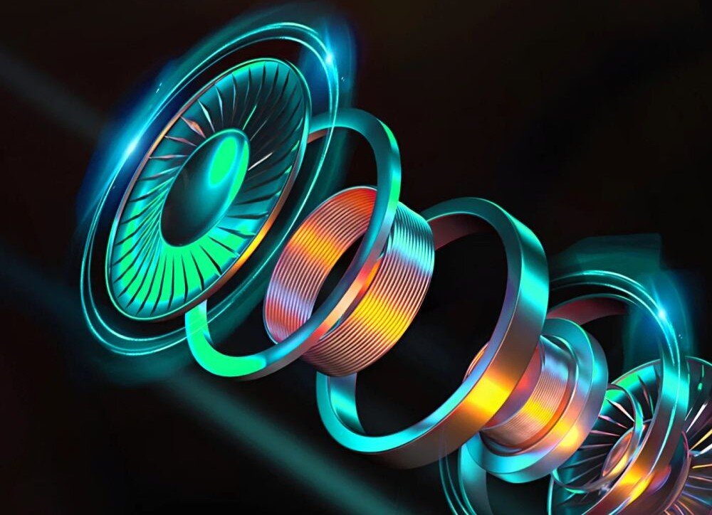 Słuchawki douszne EXTRALINK Lifestyle Evosound V1.0 głośniki 13 mm miedziany pierścień, budowa słuchawki na czarnym tle