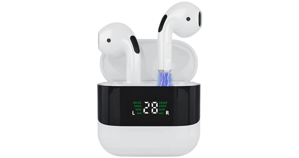 Słuchawki douszne EXTRALINK Lifestyle Evosound V1.0 wyświetlacz LED czas pracy, słuchawki z euti ładującym od frontu na białym tle