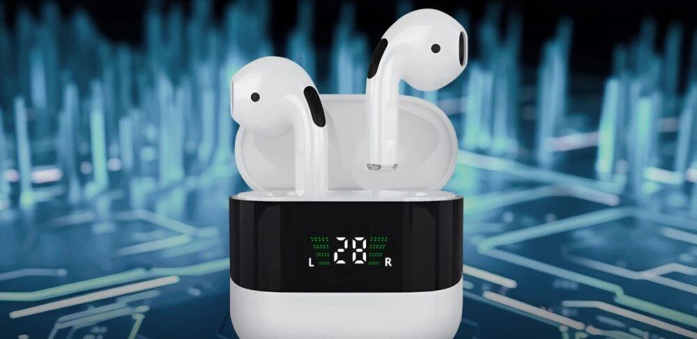 Słuchawki douszne EXTRALINK Lifestyle Evosound V1.0 Bluetooth 5.3 stabilna łączność, słcuhawki z etui ładującym na niebieskim tle