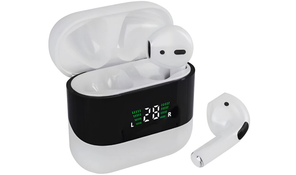 Słuchawki douszne EXTRALINK Lifestyle Evosound V1.0 wygodne użytkowanie bezprzewodowe, słuchawki wraz z etui ładującym po skosie na białym tle