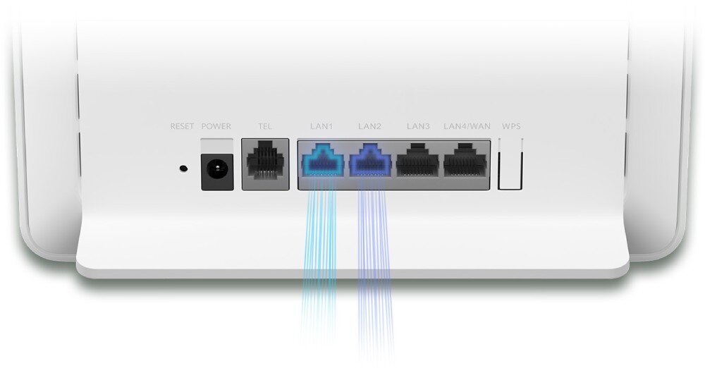 Router HUAWEI 4G CPE 5 B636-336 Zbliżenie na tylny panel białego routera z widocznymi portami LAN, WAN, TEL oraz gniazdem zasilania i przyciskiem WPS