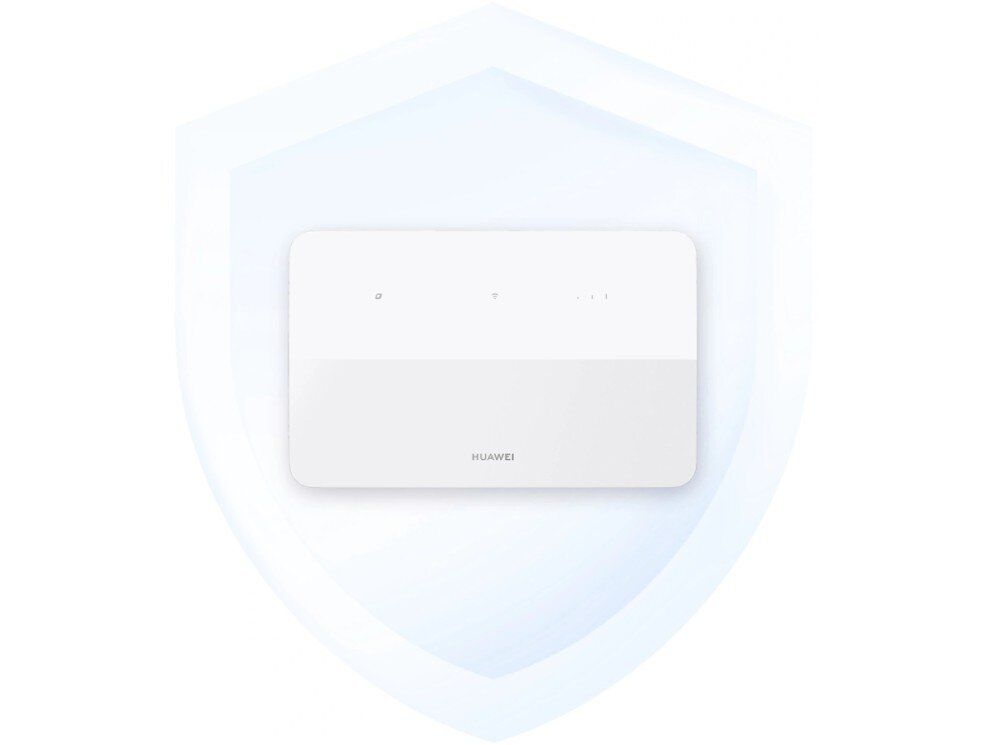 Router HUAWEI 4G CPE 5 B636-336 Biały router Huawei umieszczony na tle półprzezroczystego symbolu tarczy oznaczającego ochronę i bezpieczeństwo