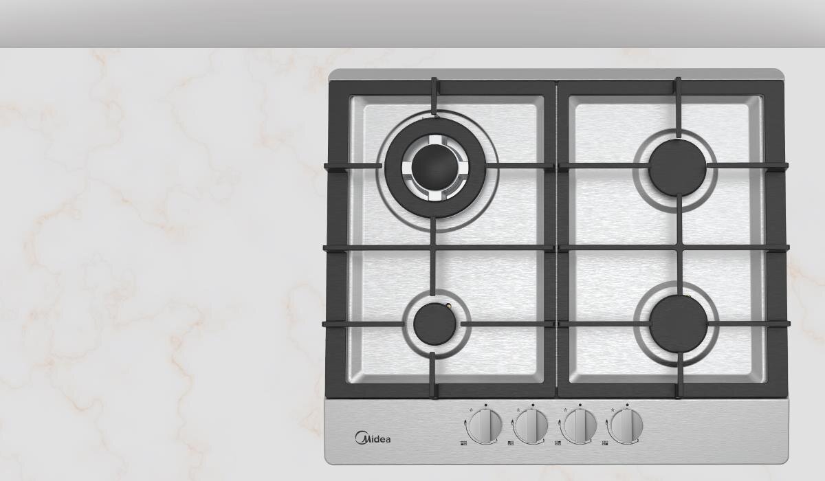 Płyta gazowa MIDEA MH604TCFXG stal nierdzewna trwałość estetyka srebrne wykończenie szerokość 59 cm Różnorodność palników cztery palniki szybki pomocniczy półszybkie Bezpieczeństwo użytkowania zapalarka w pokrętle Flame Failure Device odcięcie dopływu gazu Bezpieczeństwo