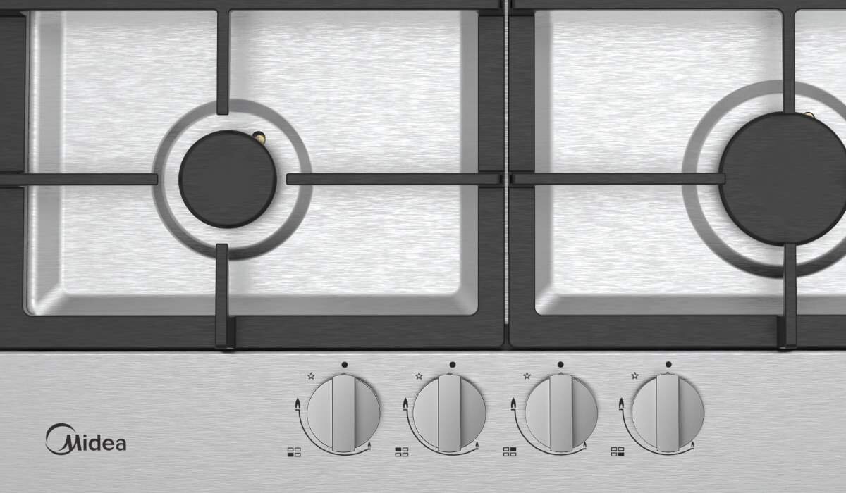 Płyta gazowa MIDEA MH604TCFXG Bezpieczeństwo użytkowania zapalarka w pokrętle Flame Failure Device odcięcie dopływu gazu Bezpieczeństwo