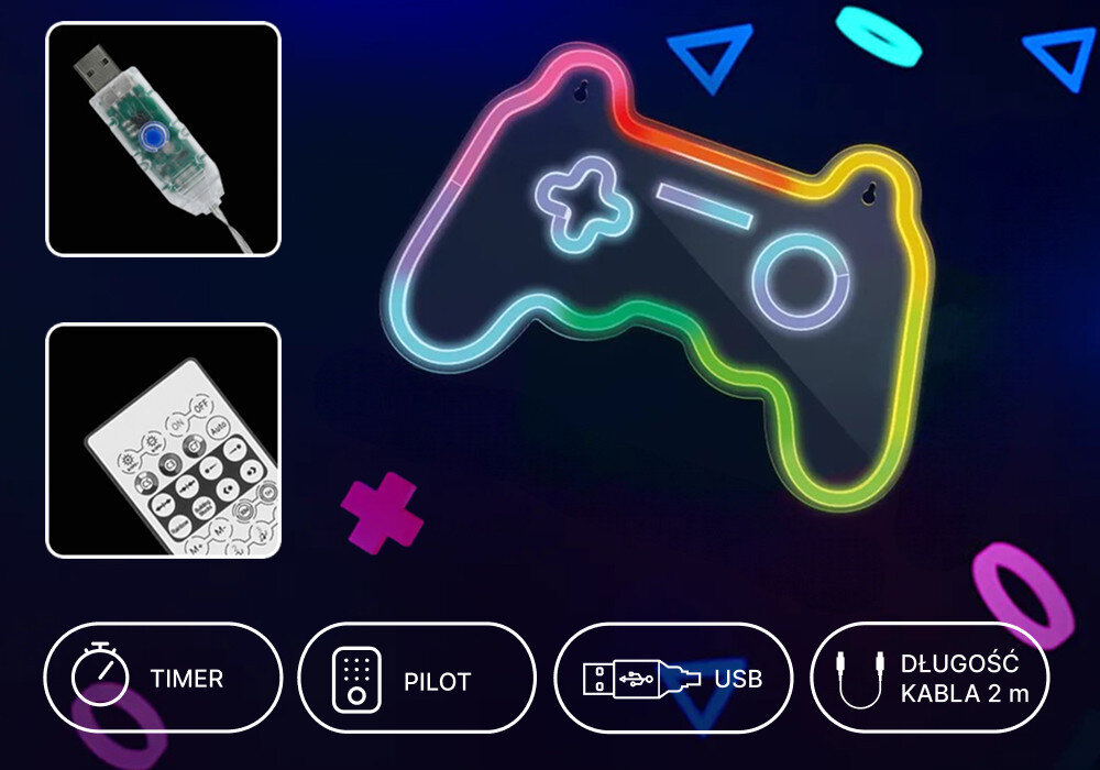 Neon LED FOREVER LIGHT Gamepad FLRNE04 + pilot RTV200004, kabel, usb, pilot, timer, Specyfikacja neonu gamepad: timer, pilot, USB, HDMI, kabel 2m, wymiary 28x41 cm.