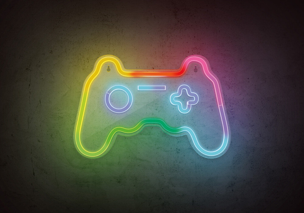 Neon LED FOREVER LIGHT Gamepad FLRNE04 + pilot RTV200004, prezent, gaming, design, radość, Neonowy gamepad na różowej cegle z zaznaczonymi haczykami i akrylową powierzchnią.
