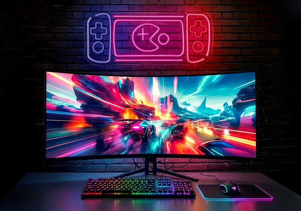 Neon LED FOREVER LIGHT Konsola Do Gier FPNE27, neon, konsola, światło, gaming, Neonowy Nintendo Switch z Pac-Manem nad gamingowym biurkiem z zakrzywionym monitorem i klawiaturą RGB.